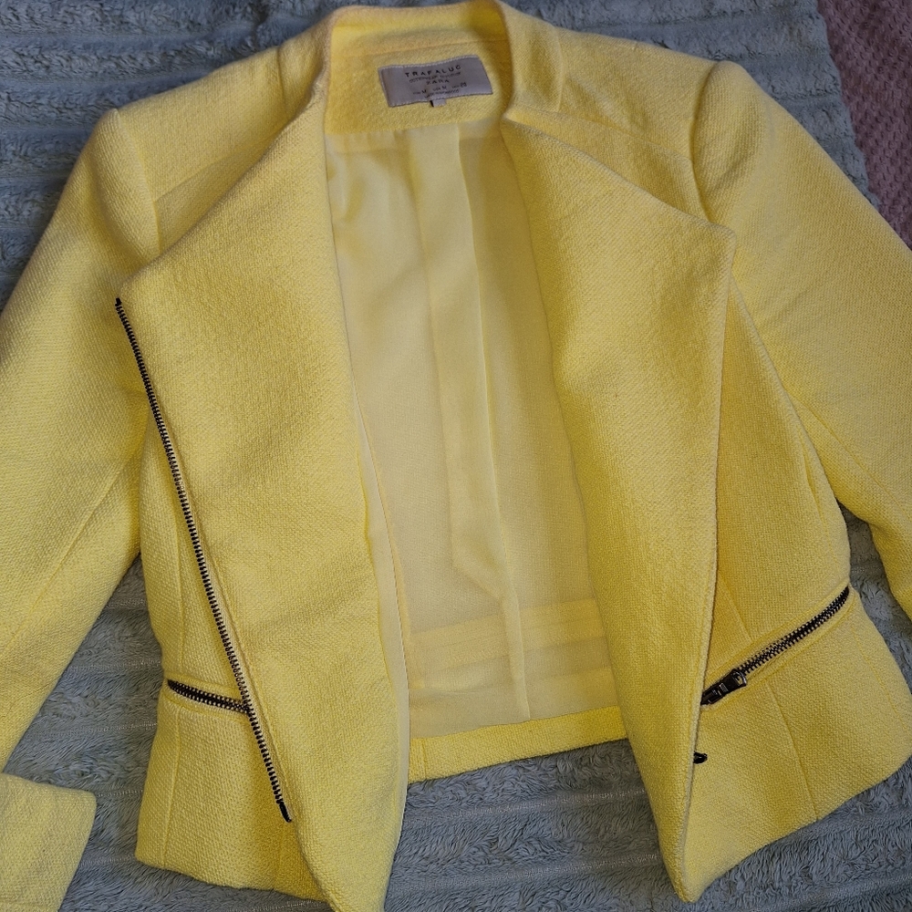 Zara Womens Structured Jacket Yellow Cropped Blazer Sz M